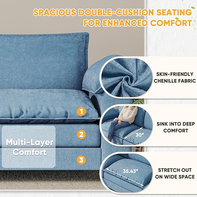 Single Chaise Lounge with 30'' Deep Seat & Movable Ottoman, Reading Chair with Wide Armrest, Chenille Cloud Couch Double Layer Cushion for Living Room, Office, Bedroom (Dark Blue, Single Sofa Chair)