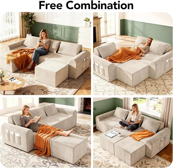 86.6" Cloud Boneless Sectional Sofa for Living Room, 3-Seater Modular Couch for Small Apartments with 2 Ottomans, Deep Seat Chenille Fabric Sofa, No Assembly, 72H Full Restore, Beige