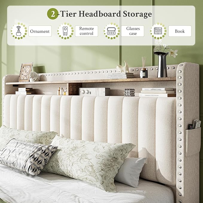 EnHomee King Size Bed Frame with 2 Storage Drawers & Upholstered Headboard,No Box Spring Needed, Easy Assembly, Noise Free, Beige