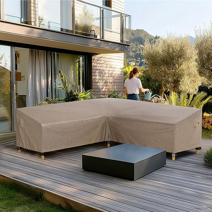 iBirdie Outdoor Sectional Cover fit 85 x 85 inch, 84 x 84, 83 x 83, 82 x 82 L-Shaped Patio Sofa Waterproof Weatherproof 600D Heavy Duty Garden Furniture Cover for Outside L Shape Couch, Brown