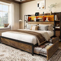 BRELTAM Queen Size Bed Frame with 4 Storage Drawers and Headboard Featuring Shelf Storage, Wooden Platform Bed Frame with LED Lights and Charging Station, Easy Assembly/No Box Spring Needed/Brown