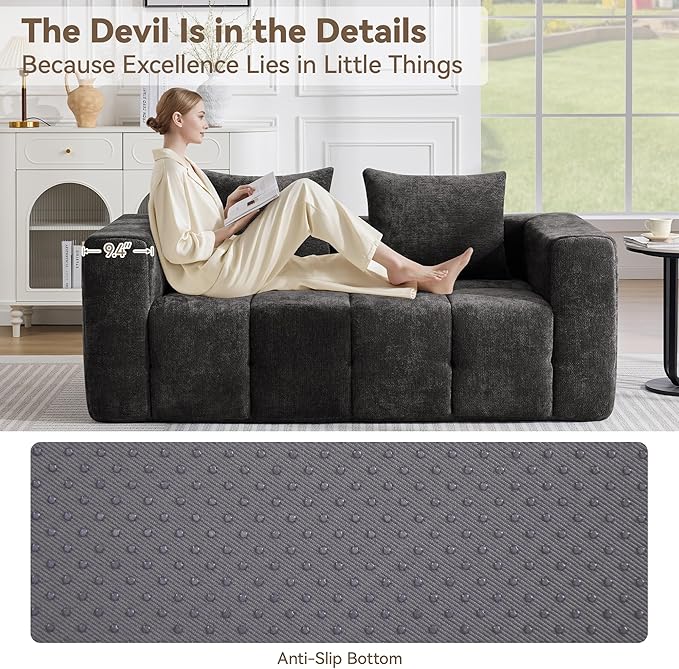 72" Loveseat Boneless Couch, Cloud Sectional Couch with Deep Seat, High-Density Memory Foam and Chaise, Love Seat Sofa, Boneless Couches for Living Room, No Assembly Required Tufted Sofa, Dark Grey