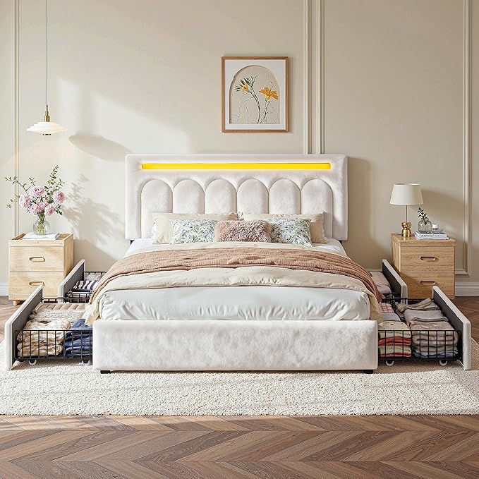 Homkdom Velvet Upholstered Full Size Bed Frame with 4 Storage Drawers, Vertical Arched LED Headboard, Sturdy Wood Slats Support, No Box Spring Needed, Beige