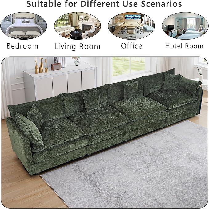 Setawix Chenille Cloud Couches for Living Room,4 Seater Cloud Sofa Couch with Deep Seat,147.22" Roomy Cloud Sofas,Modular Sectional 4 Seat Sofa with Pillows for Bedroom (Green, 4 Seater)
