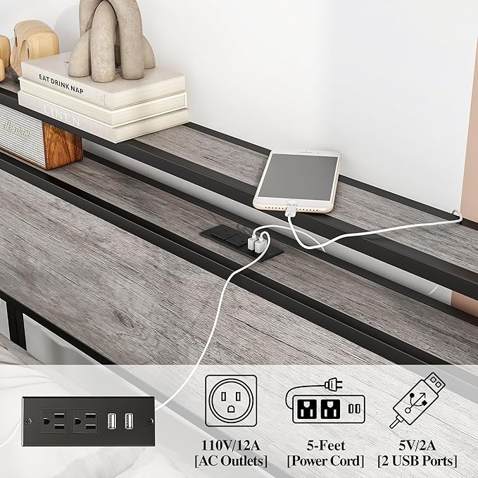 BOFENG Queen Bed Frame with Wood Headboard Storage,Heavy Duty Metal Platform Bed Frame Queen Size with Charging Station,Reinforced Steel Slats Support,No Box Spring Needed,Noise Free,Greige