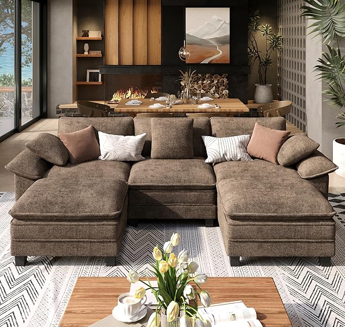 U Shaped Modular Cloud Couch, 123.6'' Comfy Chenille Sectional Sofa with Wider Armrest and Ottoman, Upholstered 5-Seat Modern Deep Seat for Bedroom Living Room, Taupe