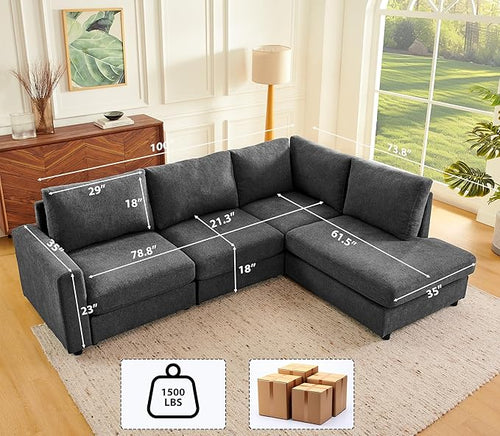 100" L-Shaped Couch with Reversible Chaise, Chenille Modular Sectional Sofa, 4-Seater Corner Couch for Living Room, Apartment, Dark Grey