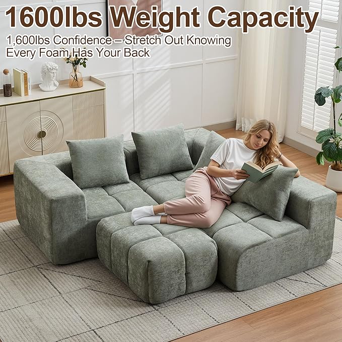 119" Boneless Couch, Cloud Sectional Couch with Deep Seat, High-Density Memory Foam and Chaise, Sectional L Shaped Sofa, Boneless Couches for Living Room, No Assembly Required Tufted Sofa, Green