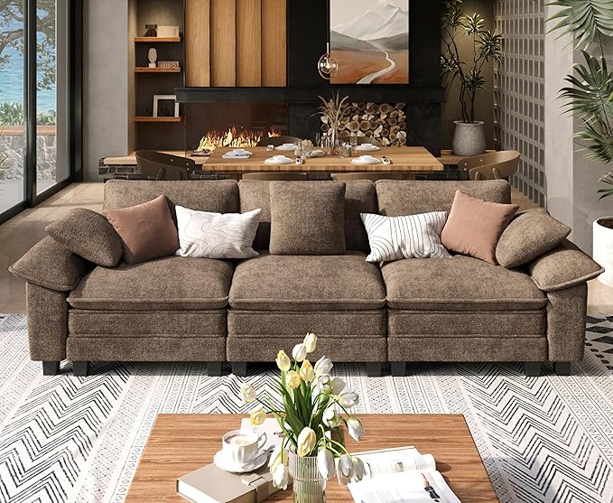 3 Seat Modular Sofa, 123.6'' Oversized Modern Chenille Sectional Couch with Wider Armrest and Pillow, Upholstered Cloud Deep Seat Sofa for Living Room, Taupe