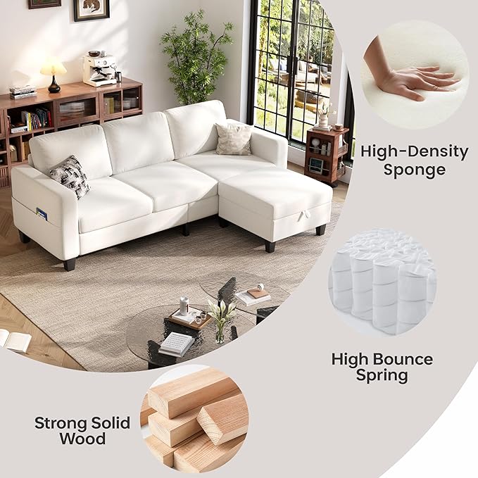 Sectional Sofa and Couches for Living Room, 78'' Beige 3 Seat L-Shaped Couch with Movable Ottoman, Comfy Linen Convertible Sectionals Sofas with Chaise for Apartment, Dorm, Small Space
