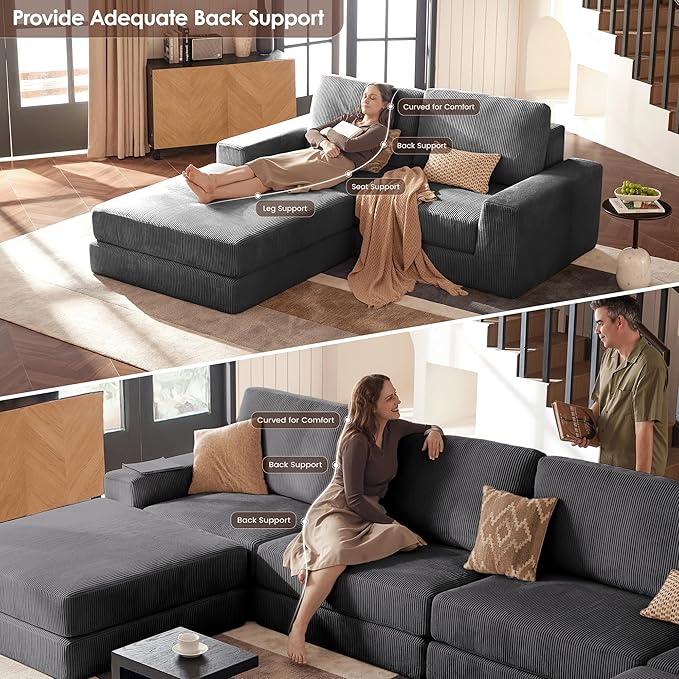 Modular Sectional Sofa, 80.31" Modern Cloud Couch Sectional Sofa with L-Shaped Chaise Comfy Corduroy Fluffy Couch with Deep Seat Boneless couches for Living Room Bedroom