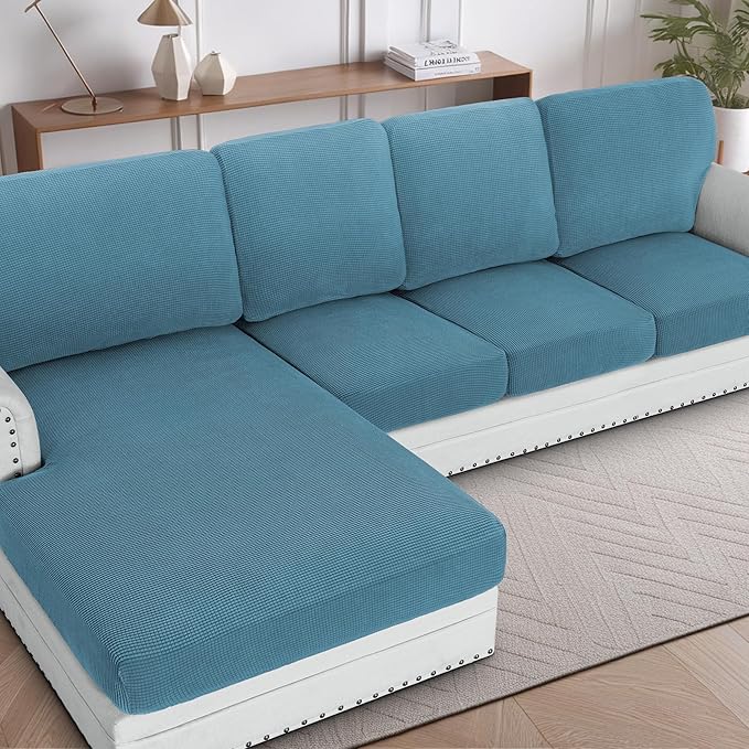 H.VERSAILTEX Sectional Couch Covers 4 Pieces Sofa Seat Cushion Covers L Shape Separate Cushion Couch Chaise Cover for Both Left/Right Sectional Couch (Seat Only: 1 Chaise + 3 Sofa, Storm Blue)