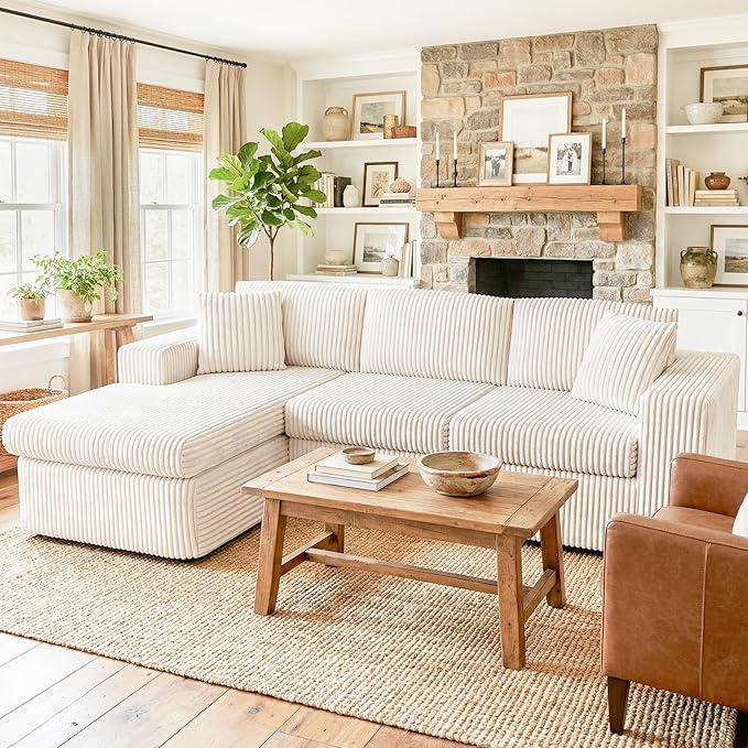 Shintenchi 105" Modular Sectional Sofa, Boneless L Shaped Couch with Deep Seat, Cloud Foam Couch with Oversized Chaise, Plush Corduroy Sofa No Assembly Needed for Living Room, Beige