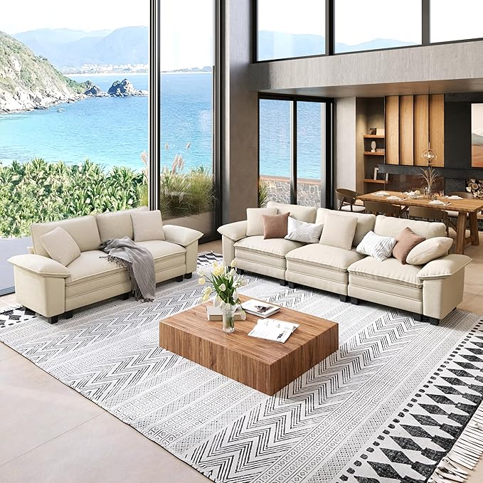 Sofa and Loveseat Set, Oversized Chenille Modular Love seat and 3-Seat Couch with Pillows, 2 Piece Modern Cloud Sectional Deep Seat Sofa Furniture Set for Living Room, Beige