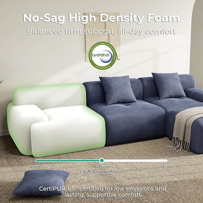 LIKIMIO LumiCord Modular Sectional Sofa with Ottoman, 118" L-Shaped Boneless Couch for Living Room, Oversized Deep Seat with Corduroy Upholstery, No Assembly Required, Navy Blue