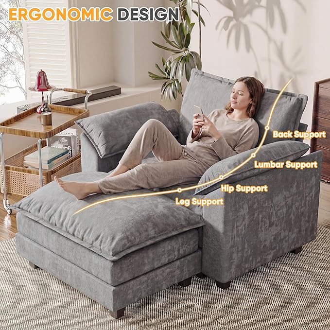 Single Chaise Lounge with 30'' Deep Seat & Movable Ottoman, Reading Chair with Wide Armrest, Chenille Cloud Couch Double Layer Cushion for Living Room, Office, Bedroom (Light Grey, Single Sofa Chair)