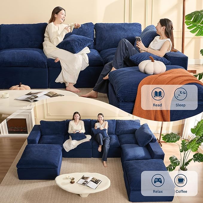 137.8” Sectional Couches for Living Room, Set of Cloud Couch, Modular Sectional Sofa, Convertible Sofas Bed, Deep Seat Sofa, Sleeper Sofa Full Size, Corduroy, Blue