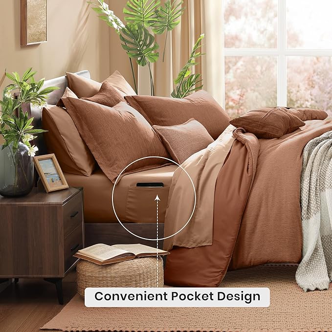 Monbix Oversized Queen Comforter Set - 7 Pieces Cationic Dyeing Autumn Leaf Bed in a Bag Bedding Sets with Comforter, Sheets, Pillowcases & Shams, Reversible Bedding Comforters Sets