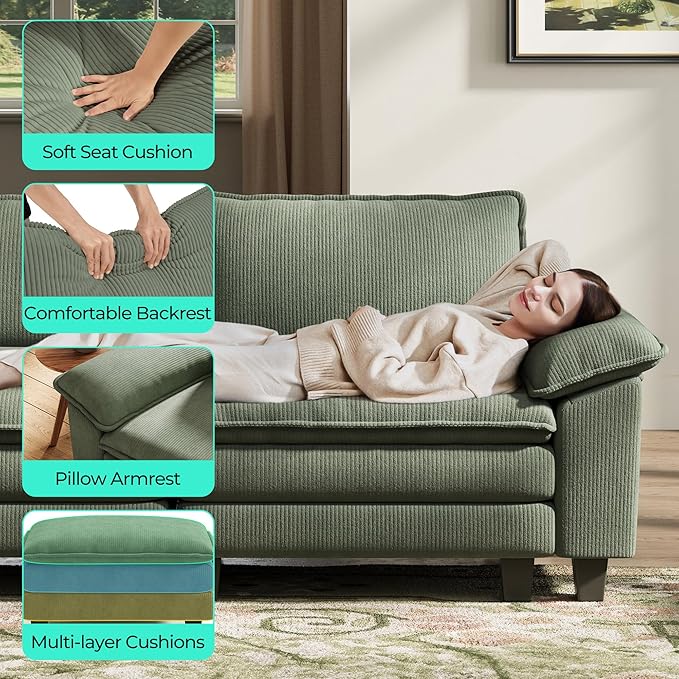 LINSY HOME Modular Sectional Sofa Couch Corduroy Cloud Couches for Living Room, V-Shaped Cloud Couch Sectional Sofas for Bedroom and Apartment, Green