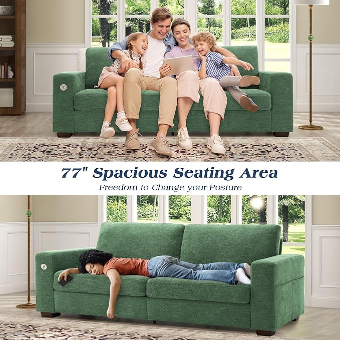WorthFurni 89 Inch Modern Sofa Couch with USB Port & Side Pockets, Chenille Fabric 3 Seater Couch,Comfy Washable Small Sofas & Couches for Living Room Bedroom Apartment（Green）