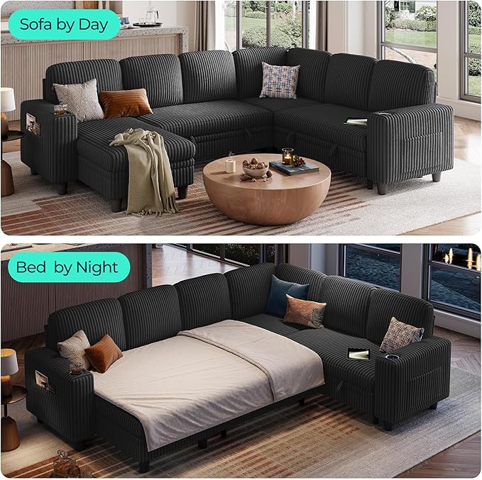LINSY HOME Sectional Sleeper Sofa with Pull Out Couch Bed - Convertible Plush Corduroy Cloud Couch with Storage Chaise & USB Charging, Comfy Modular Couches for Living Room, Black