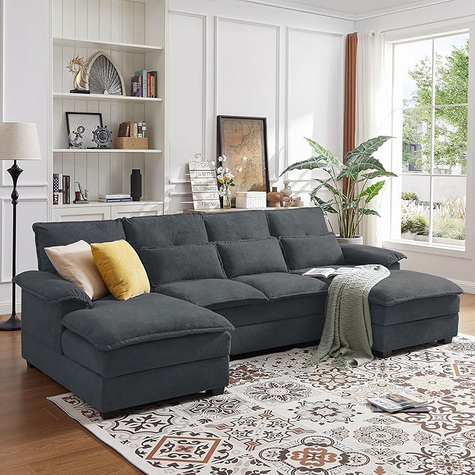 110“ Convertible Sectional Sofa, U Shape Cloud Couch, Comfy Couches with Double Chaise and Sleepable Armrests, 4 Seats Sectional Couches for Living Room, Dark Grey