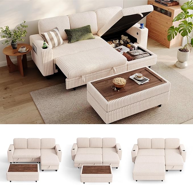 LINSY HOME Sectional Sleeper Sofa with Pull Out Couch Bed for Living Room (Beige) | Plush Corduroy, Storage Ottoman, Storage Chaise, Pull Out Couch, USB Charging