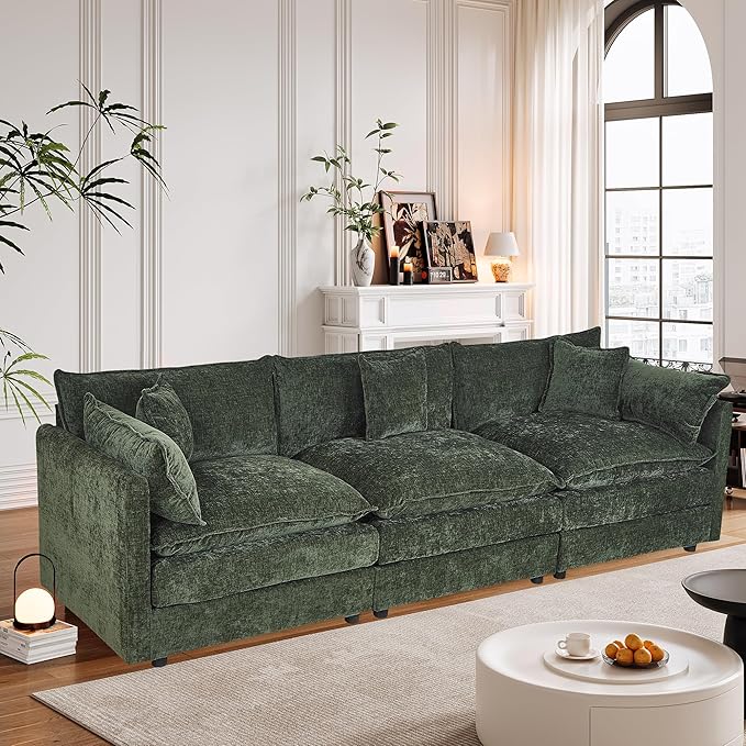 Setawix Chenille Cloud Couches for Living Room,3 Seater Cloud Sofa Couch with Deep Seat,112.2" Roomy Cloud Sofas,Modular Sectional 3 Seat Sofa with Pillows for Bedroom (Green, 3 Seater)