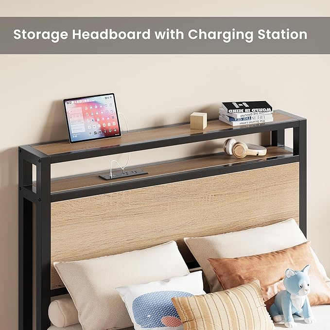 LIKIMIO Twin XL Bed Frames with Drawer, Storage Headboard with Outlets, No Box Spring Needed, Easy Assembly, Wood Color