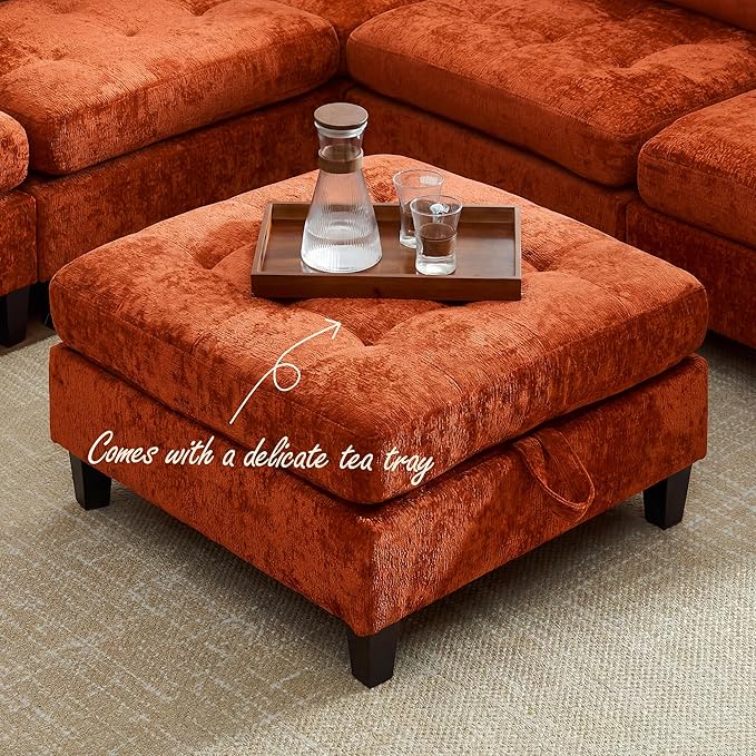 Luxe Oversized Modular Sectional Sofa Set，Modern Chenille Comfy Sectional Cloud Couch for Living Room (6-Seater + 2 * Ottoman + Tea Tray, Orange)