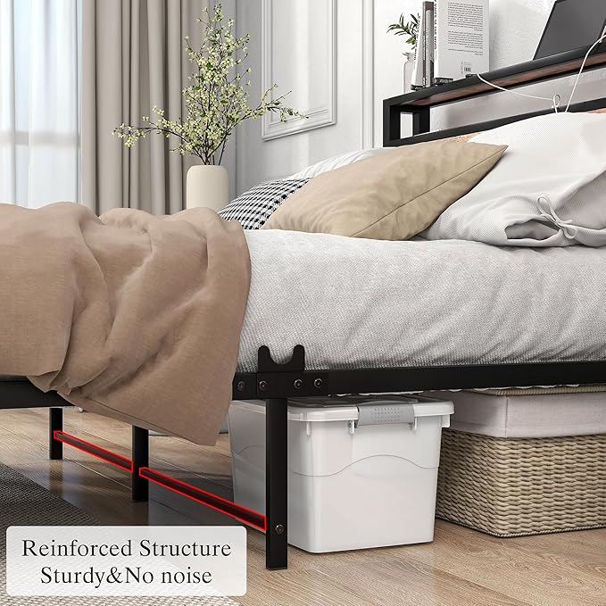 BOFENG Full Size Bed Frame with Storage Headboard,USB Charging Station,Metal Platform Double Bed Frame Full Size,Reinforced Steel Slats Support,No Box Spring Needed,Noise Free,Rustic Brown