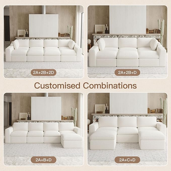 Belffin Boneless Cloud Modular Sectional Sofa with Deep Seat Plush Corduroy U Shaped Cloud Sectional Couches for Living Room No Assembly Required. Beige Couch