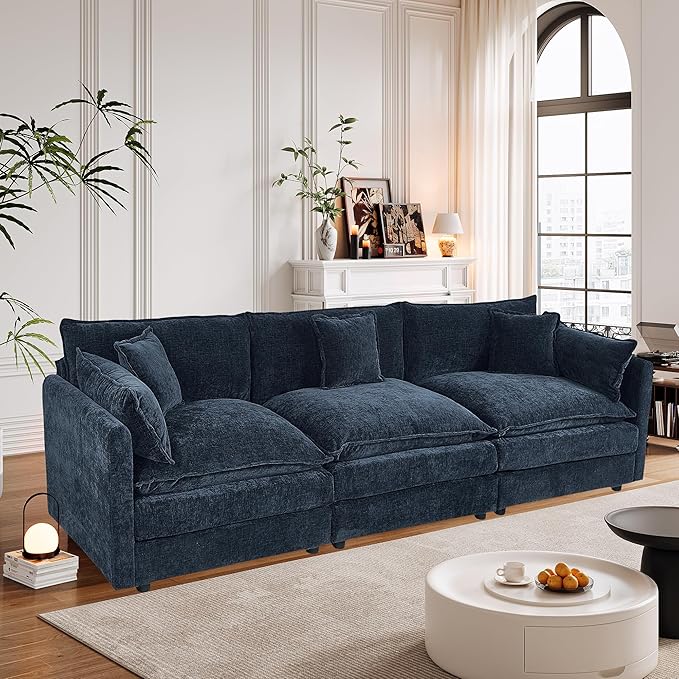 Setawix Chenille Cloud Couches for Living Room,3 Seater Cloud Sofa Couch with Deep Seat,112.2" Roomy Cloud Sofas,Modular Sectional 3 Seat Sofa with Pillows for Bedroom (Blue, 3 Seater)