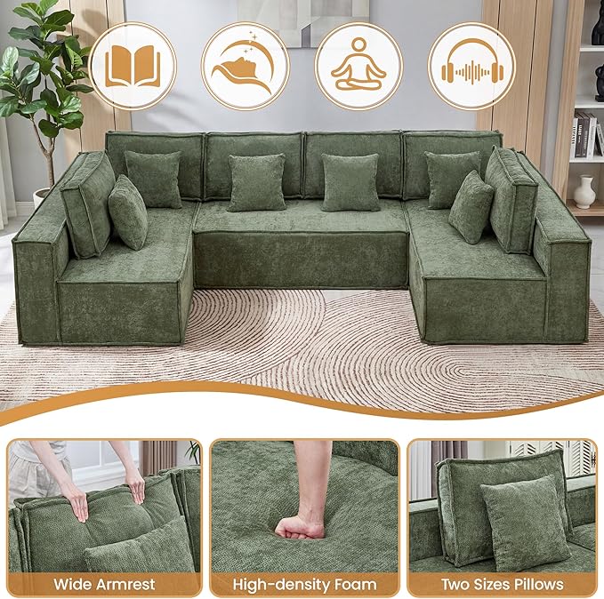 138'' Boneless Chenille U Shaped Couch, Oversized Modular Sectional 6 Seater Sofa, Modern Deep Seat Corner Cloud Compressed Couch, No Assembly Sleeper Sofa with Chaise for Living Room, Green