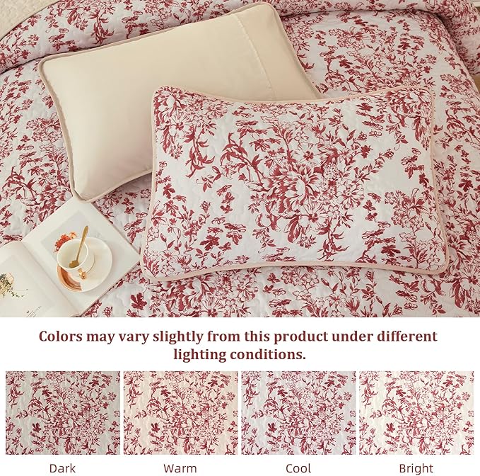 WONGS BEDDING Quilt King Size, Christmas Red Quilt Bedding Set with 2 Pillowcases, Botanical Quilt for King Bed, Soft Microfiber Lightweight Coverlet Bedspread for All Season (110"×90", 3 Pieces)
