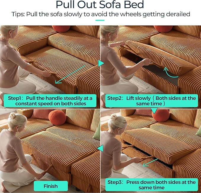 LINSY HOME Sectional Sleeper Sofa Pull Out Couches for Living Room (Brown, Sleeper Sofa 3) | Pull Out Sofa Bed, Storage, USB Charging, Cup Holders, Plush Corduroy