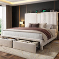 Homkdom Queen Bed Frame with Velvet Storage Headboard, 2 Large Drawers & 3 Charging Ports, 51.3" Tall Platform Bed Frame Queen Size, Sturdy Wood Slats, No Box Spring Needed, Beige