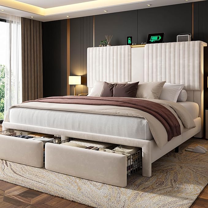 Homkdom Queen Bed Frame with Velvet Storage Headboard, 2 Large Drawers & 3 Charging Ports, 51.3" Tall Platform Bed Frame Queen Size, Sturdy Wood Slats, No Box Spring Needed, Beige
