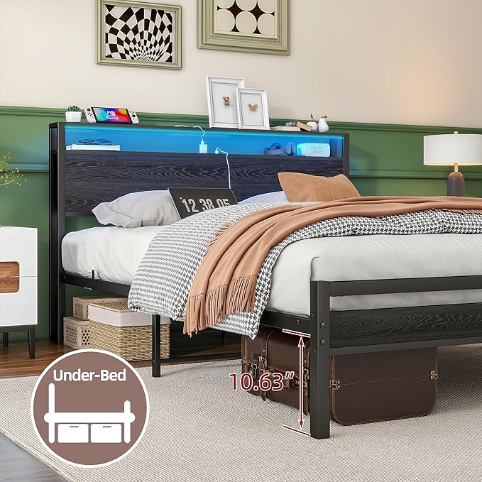 BOFENG Queen Bed Frame with Storage Headboard/LED Lights,Metal Platform Bed Frame with Charging Station,Bed Frame Queen Size with Storage,No Box Spring Needed,Noise Free,Black