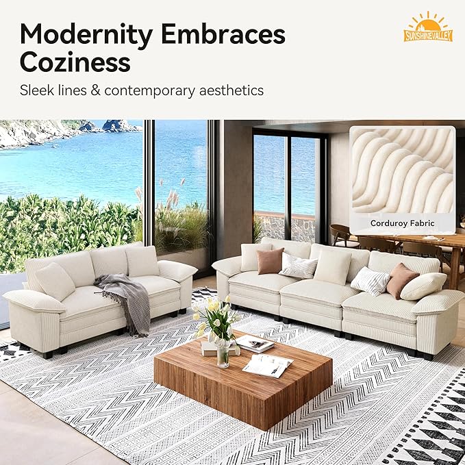 3 Piece Living Room Sofa Furniture Set, Corduroy Modular Loveseat, Cloud Chair, and 3-Seat Couch with Pillow, Oversized 6-Seat Modern Sectional Deep Sofa for Apartment, Beige