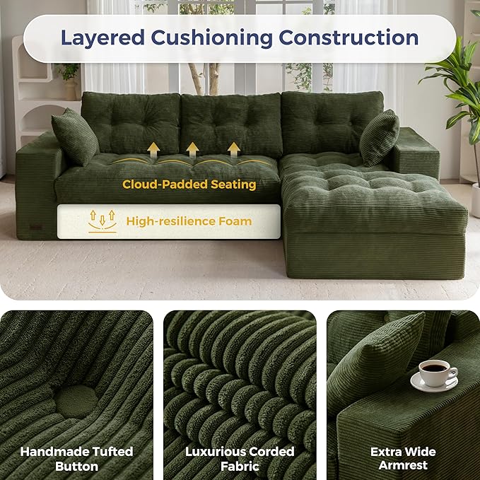 MAXYOYO 104" L Shaped Modular Sectional Sofa with Ottoman, Cloud Boneless Couch with Layered Cushion, Upholstered Sofa in a Box, Flexible Module Combination for Living Room, No Assembly, Dark Green