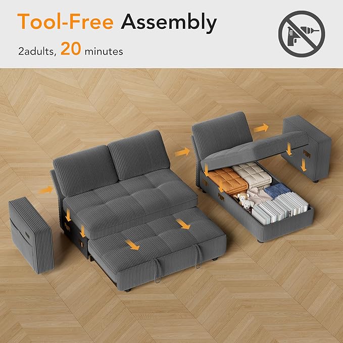 Vipbear Sectional Sleeper Couch with Pull Out Sofa Bed, L Shaped Plush Corduroy Couch with Reclining Backrest & Storage & USB Charging, Convertible Cloud Sectional Sofa Bed for Living Room, Grey | Breathable material, Tool-Free Assembly, Reclining Back...