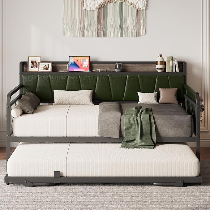 LIKIMIO Daybed with Trundle Bed, Twin Bed Frame with Storage Headboard and Charging Station, Sofa Day Bed with Strong Supports for Living Room, Bedroom, and Guest Room, Dark Green