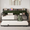 LIKIMIO Daybed with Trundle Bed, Twin Bed Frame with Storage Headboard and Charging Station, Sofa Day Bed with Strong Supports for Living Room, Bedroom, and Guest Room, Dark Green