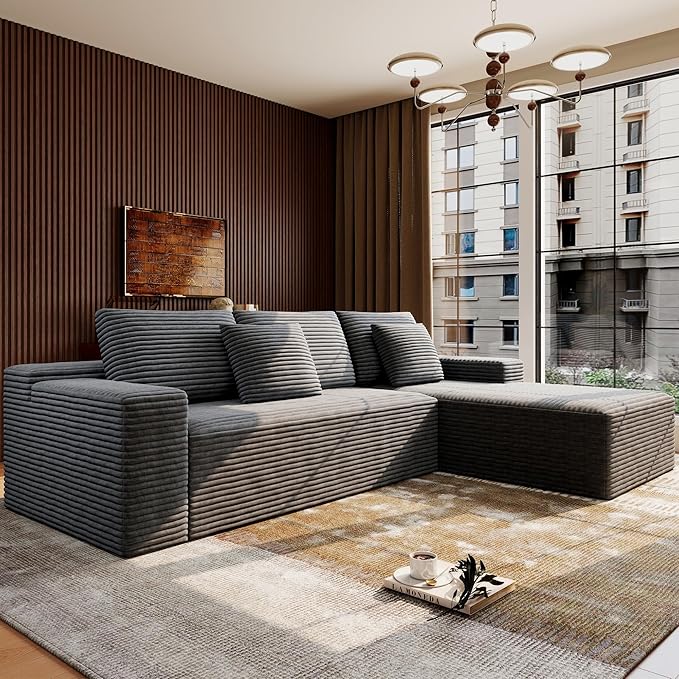Boneless Modular Sectional Sofa, Cloud Couch with Right Facing Chaise, Oversized Deep Seat, L-Shaped, Soft Corduroy Fabric, Sectional Couch for Living Room -Grey