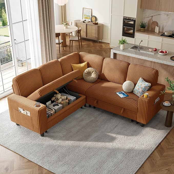 LINSY HOME Pull Out Sofa Bed Sectional Sleeper Sofa with Storage, Plush Corduroy Pullout Modular Sectional Couches for Living Room, L Shaped Convertible Couch Bed for Apartment (Brown)