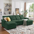 110" Convertible Sectional Sofa, U Shape Cloud Couch, Comfy Couches with Double Chaise and Sleepable Armrests, 4 Seats Sectional Couches for Living Room, Green