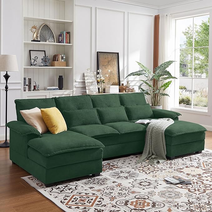 110" Convertible Sectional Sofa, U Shape Cloud Couch, Comfy Couches with Double Chaise and Sleepable Armrests, 4 Seats Sectional Couches for Living Room, Green