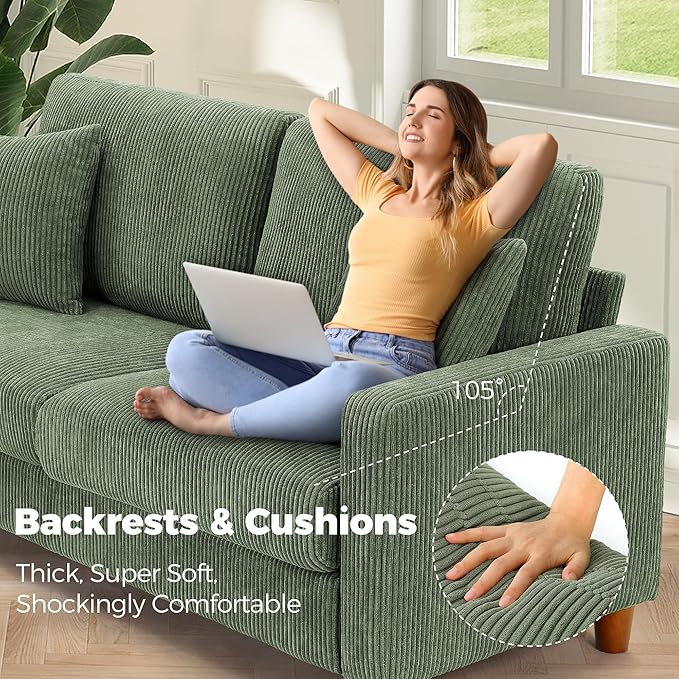 70in L Shaped Couch, Modular Sofa No Tool Assembly, Comfy Sectional Couches for Living Room 21in Deeper Seats, Corduroy Sofas for Living Room with 2 Pillows, Loveseat Sofa Set, Green Couch | Comfy Corduroy, Oversized 70in Couch, 700LB Tough, Tool-Free ...
