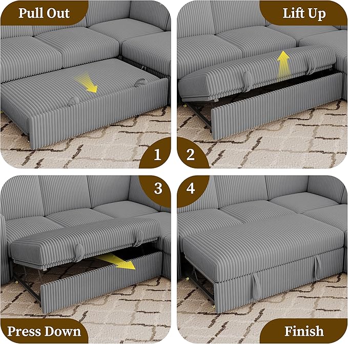 83.5" Sectional Sleeper Sofa with Pull Out Couch, Modern 5 Seat L Shaped Modular Couch, Sectionals Modular Sofa with Storage, Comfy Corduroy Couches Sectional for Living Room & Apartment, Gray